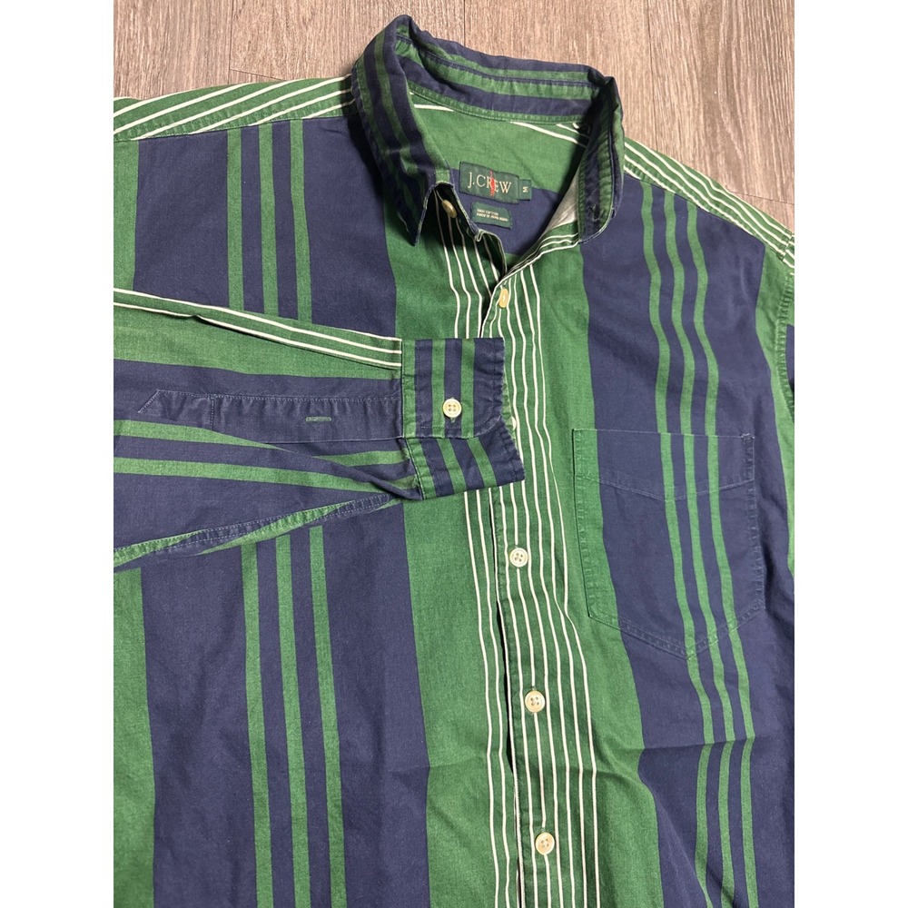 Vintage J Crew Mens Medium Green Navy Striped Oarsmen Button Down Shirt Cotton